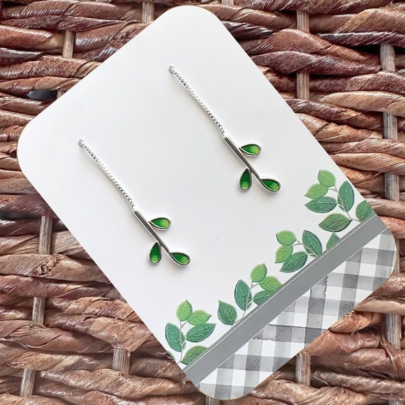 New Silver-Tone and Green Leaf Threader Earrings - Picture 2 of 7